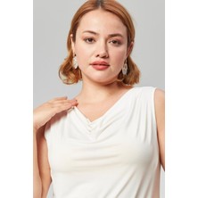 Sea Moda Degaje Yaka Sandy Büyük Beden Kadın Basic Bluz 4 Mevsim Rahat Kullanım Şık Atlet-Ekru