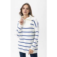 Şimal Kadın Çizgi Desenli Yakası Fermuar Detaylı Triko Örme Salaş Kazak 245175 -