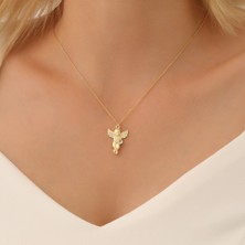 Nox Jewelry 14K Altın Kaplama Melek Figürlü Zarif Kadın Kolye - Taşlı Melek Kolye - CNS00531