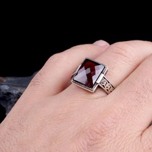 Takı925 925 Ayar Gümüş Kırmızı Zirkon Taşlı Erkek Yüzük