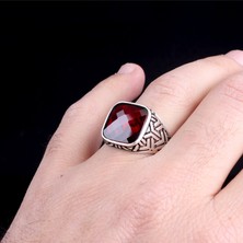 Takı925 Kırmızı Renk Zirkon Taşlı 925 Ayar Gümüş Erkek Yüzük