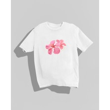 Nulivez Dikiş Detaylı Yüksek Kalite Baskılı Oversize T-Shirt Hibiscus Pembe