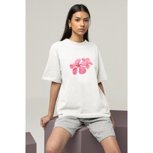 Nulivez Dikiş Detaylı Yüksek Kalite Baskılı Oversize T-Shirt Hibiscus Pembe