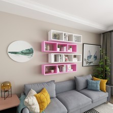 Dekormer Design Kitaplık Duvar Rafı Salon 4 Lü Çift Renkli Mobilya Takım Pembe Beyaz