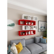 Dekormer Design Kitaplık Duvar Rafı Salon 4 Lü Çift Renkli Mobilya Takım Kırmızı Beyaz