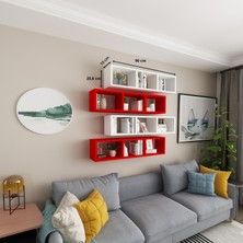Dekormer Design Kitaplık Duvar Rafı Salon 4 Lü Çift Renkli Mobilya Takım Kırmızı Beyaz