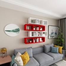 Dekormer Design Kitaplık Duvar Rafı Salon 4 Lü Çift Renkli Mobilya Takım Kırmızı Beyaz