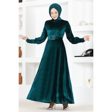 Taş Tokalı Kadife Abiye Elbise 2414