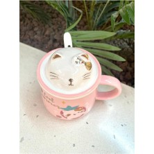Steplanner Kawai 3D Kedi Kapaklı Kaşıklı Kupa Bardak Pembe