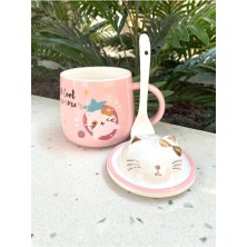 Steplanner Kawai 3D Kedi Kapaklı Kaşıklı Kupa Bardak Pembe
