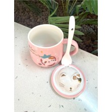 Steplanner Kawai 3D Kedi Kapaklı Kaşıklı Kupa Bardak Pembe