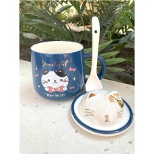 Steplanner Kawai 3D Kedi Kapaklı Kaşıklı Kupa Bardak Lacivert