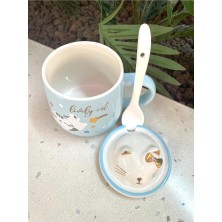 Steplanner Kawai 3D Kedi Kapaklı Kaşıklı Kupa Bardak Mavi