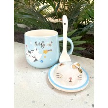 Steplanner Kawai 3D Kedi Kapaklı Kaşıklı Kupa Bardak Mavi
