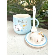 Steplanner Kawai 3D Kedi Kapaklı Kaşıklı Kupa Bardak Mavi