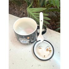 Steplanner Kawai 3D Kedi Kapaklı Kaşıklı Kupa Bardak Siyah