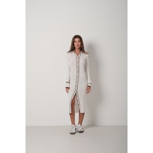 Black Fashion Polo Yaka Düğmeli Beyaz Elbise