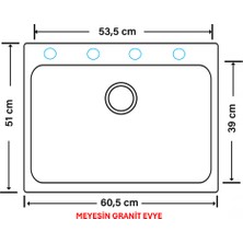 Meyesin Granit Evye Siyah Tek Gözlü Mutfak Evyesi 50 x 60 Cm.