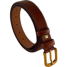 Süzer Deri 3 cm Genişlik %100 Hakiki Roys Deri Gold Tokalı Dikişli Kadın Kemer Taba