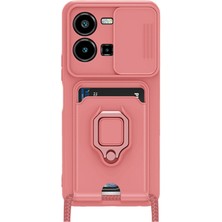 Denza Case Vivo Y22S Kılıf Kartvizitli Askılı Standlı Kapak - Pembe