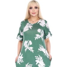 Melsay Butik Fırfırlı Kısa Kollu Yeşil Beyaz Yaprak Desenli Cepli Elbise