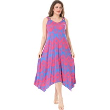 Melsay Butik Pembe Mavi Baklava Desen Askılı V Yaka Elbise