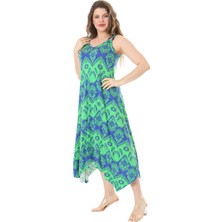 Melsay Butik Yeşil Mavi Baklava Desen Askılı V Yaka Elbise