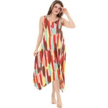Melsay Butik Sarı Yağlıboya Desen Askılı V Yaka Elbise