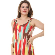 Melsay Butik Sarı Yağlıboya Desen Askılı V Yaka Elbise