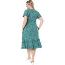 Melsay Butik Göğüsten Robalı V Yaka Kısa Kollu Yeşil Dantel Desenli Cepli Elbise