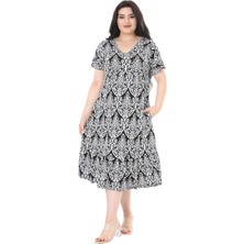 Melsay Butik Göğüsten Robalı V Yaka Kısa Kollu Beyaz Dantel Desenli Cepli Elbise