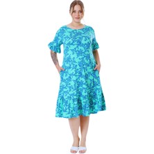 Melsay Butik Kısa Kollu Fırfırlı Cepli Turkuaz Mercan Desenli Midi Elbise