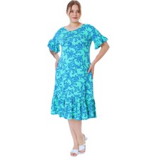 Melsay Butik Kısa Kollu Fırfırlı Cepli Turkuaz Mercan Desenli Midi Elbise