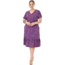 Melsay Butik Göğüsten Robalı V Yaka Kısa Kollu Mor Çiçek Desenli Cepli Elbise