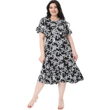 Melsay Butik Kısa Kollu Fırfırlı Cepli Siyah Beyaz Mercan Desenli Midi Elbise