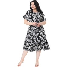 Melsay Butik Kısa Kollu Fırfırlı Cepli Siyah Beyaz Mercan Desenli Midi Elbise