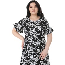 Melsay Butik Kısa Kollu Fırfırlı Cepli Siyah Beyaz Mercan Desenli Midi Elbise