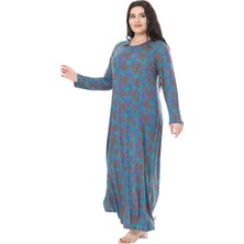 Melsay Butik Mavi Kırmızı Mercan Desen Uzun Kollu Kadın Elbise