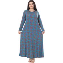 Melsay Butik Mavi Kırmızı Mercan Desen Uzun Kollu Kadın Elbise