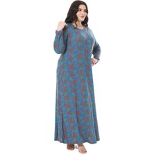 Melsay Butik Mavi Kırmızı Mercan Desen Uzun Kollu Kadın Elbise