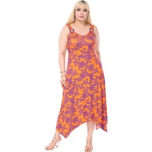 Melsay Butik Turuncu Mor Mercan Desen Askılı V Yaka Elbise