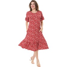 Melsay Butik Fırfırlı Cepli Kırmızı Çıtır Desenli Kısa Kollu Midi Elbise