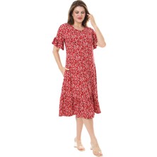Melsay Butik Fırfırlı Cepli Kırmızı Çıtır Desenli Kısa Kollu Midi Elbise
