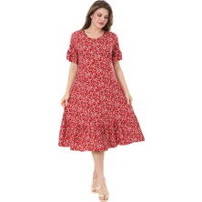 Melsay Butik Fırfırlı Cepli Kırmızı Çıtır Desenli Kısa Kollu Midi Elbise