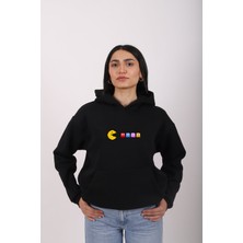 Dressify Modern Pac-Man Baskılı Oversıze Rahat Kalıp Unısex Kapüşonlu Sweatshırt