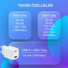 Woyax By Samsung Hızlı Şarj Aleti Galaxy A70 A80 A90 A71 A52 A72 A23 A33 A53 A73 Uyumlu 33W Type-C Beyaz