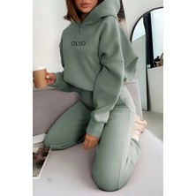 Trendseninle Kadın Su Yeşili Olso Baskılı Kapüşonlu Alt Üst Eşofman Takım