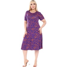 Melsay Butik Mor Çiçek Desen Kısa Kollu Büyük Beden Midi Elbise