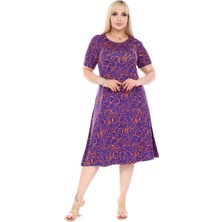 Melsay Butik Mor Çiçek Desen Kısa Kollu Büyük Beden Midi Elbise