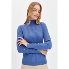 Desen Triko Kadın Tam Balıkçı Yaka Kolları Düğmeli Kazak Indigo